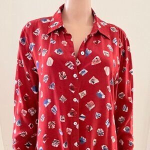 John Mark Seaside Dog Print 100%Silk Red Button Front BlouseSz L No Material Tag